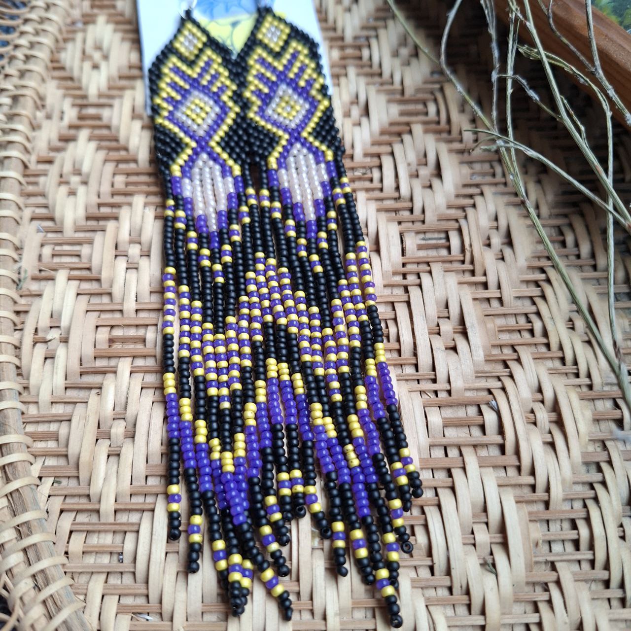 Long Beaded Fringe Earrings Black Purple Yellow
