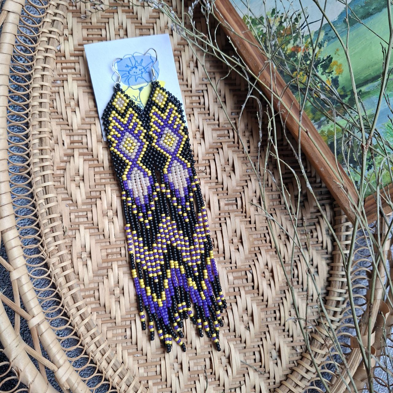 Long Beaded Fringe Earrings Black Purple Yellow