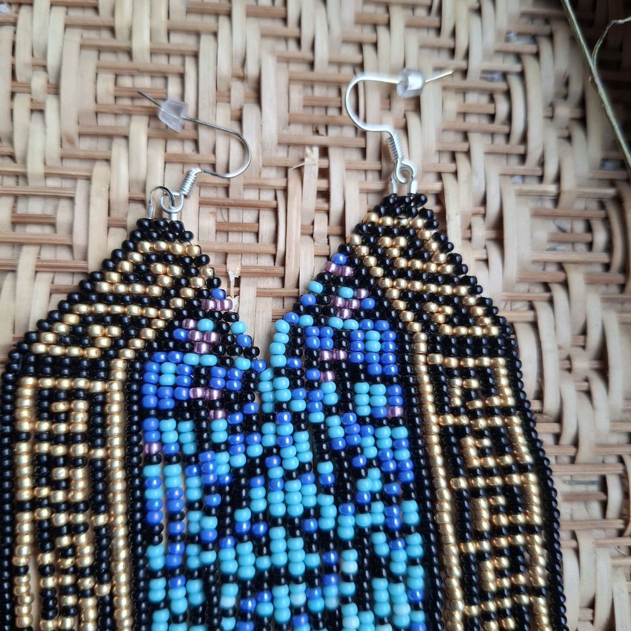 Beaded Fringe Earrings Blue Gold