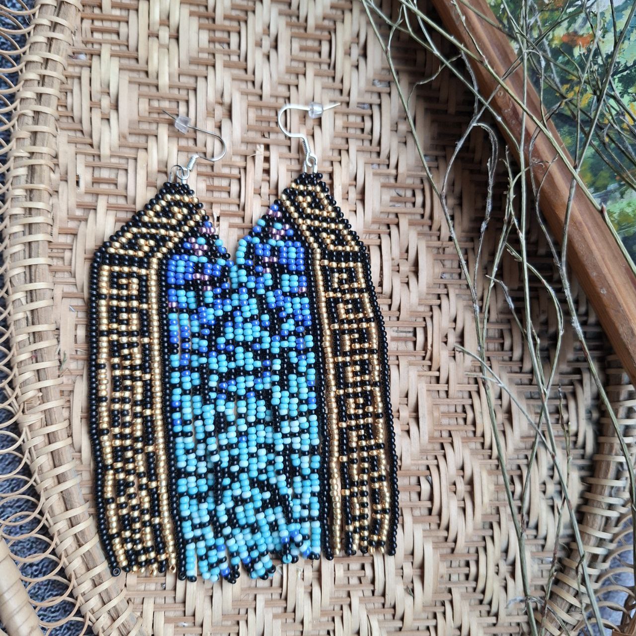 Beaded Fringe Earrings Blue Gold