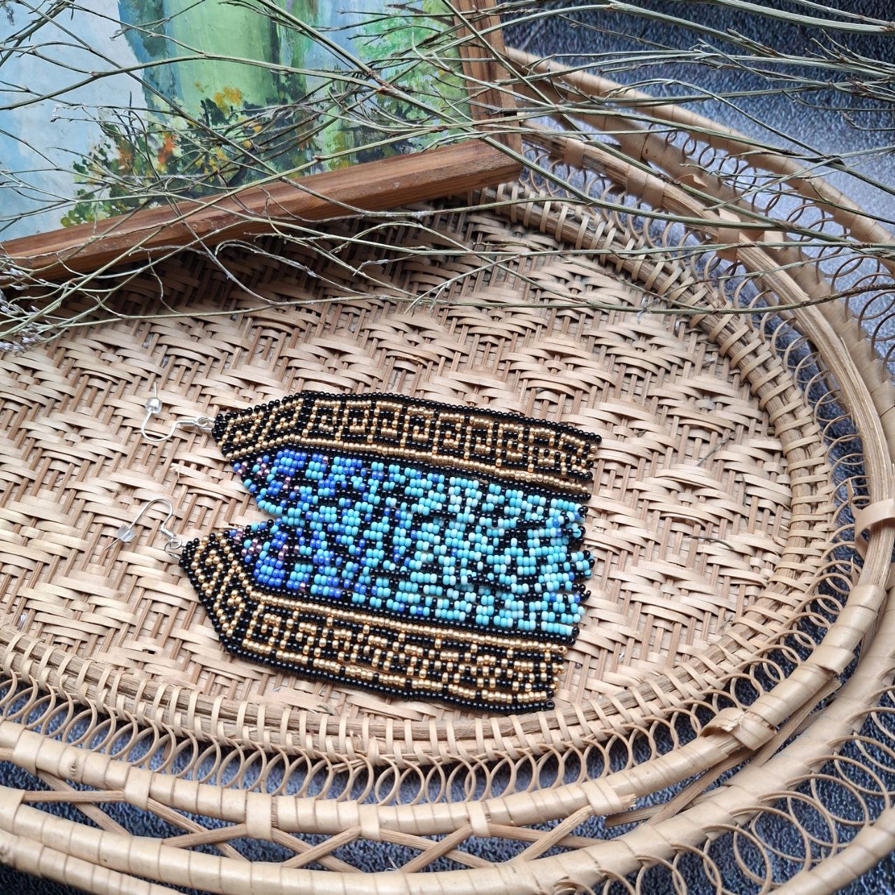 Beaded Fringe Earrings Blue Gold