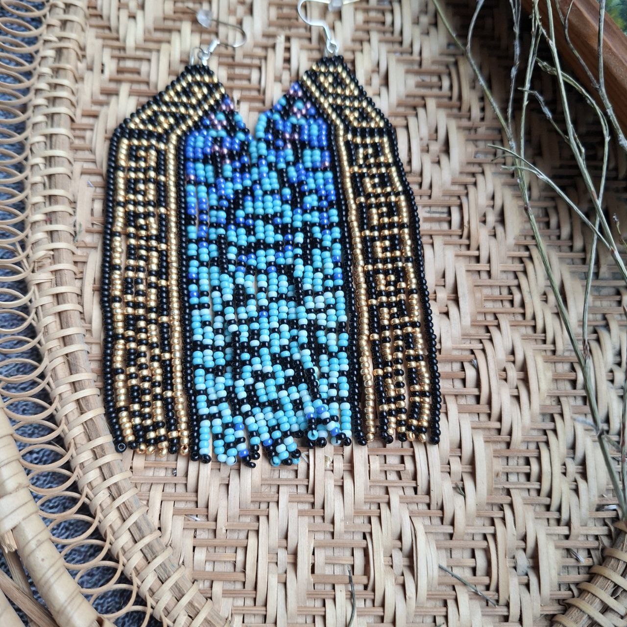 Beaded Fringe Earrings Blue Gold