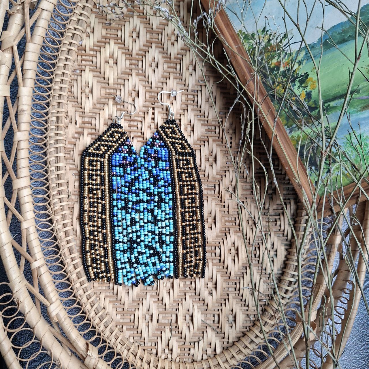 Beaded Fringe Earrings Blue Gold