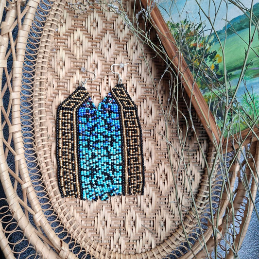 Beaded Fringe Earrings Blue Gold