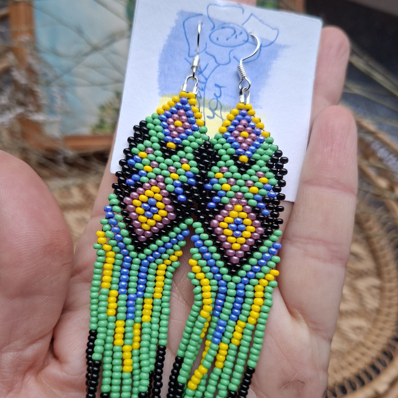 Long Beaded Fringe Earrings Green Purple Yellow