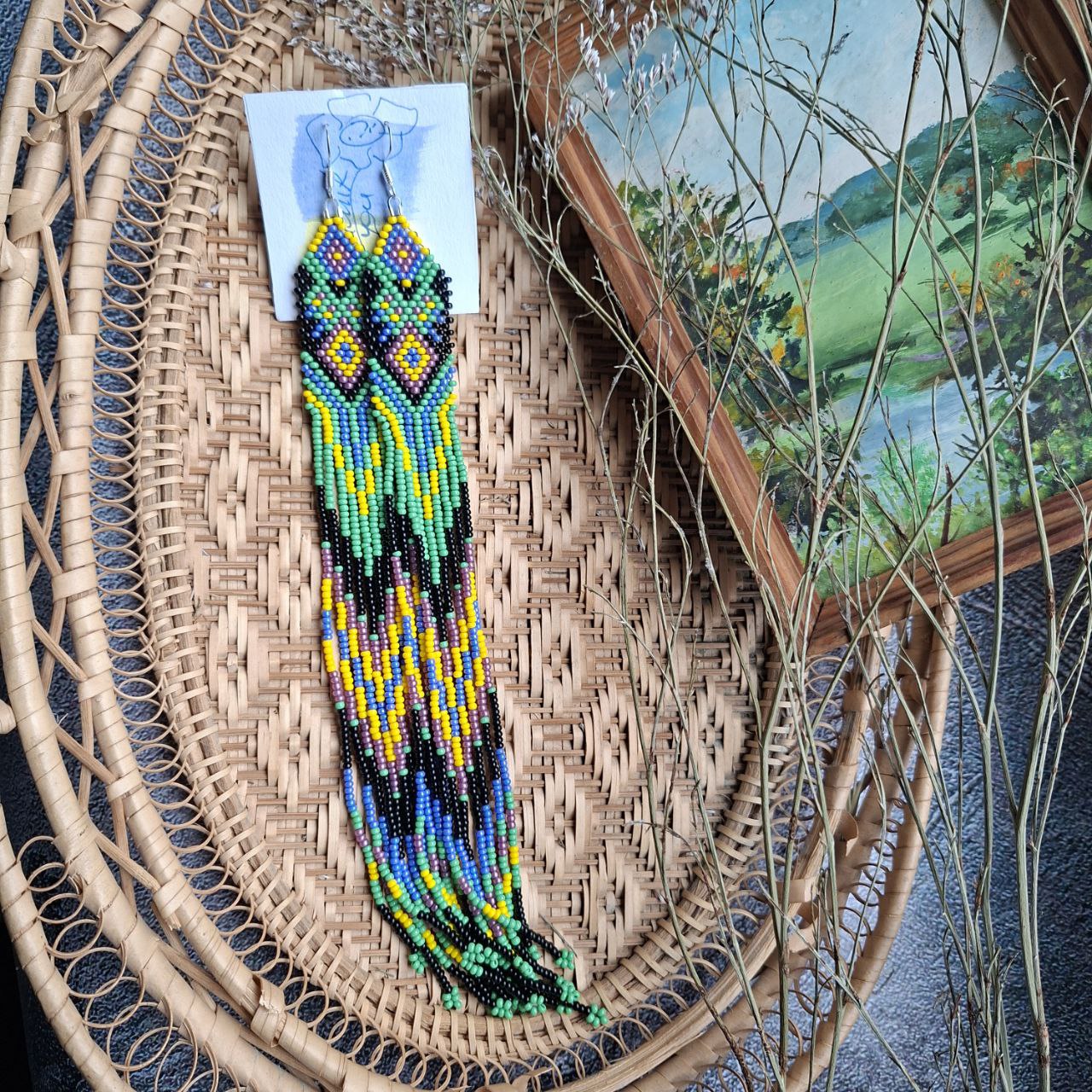 Long Beaded Fringe Earrings Green Purple Yellow