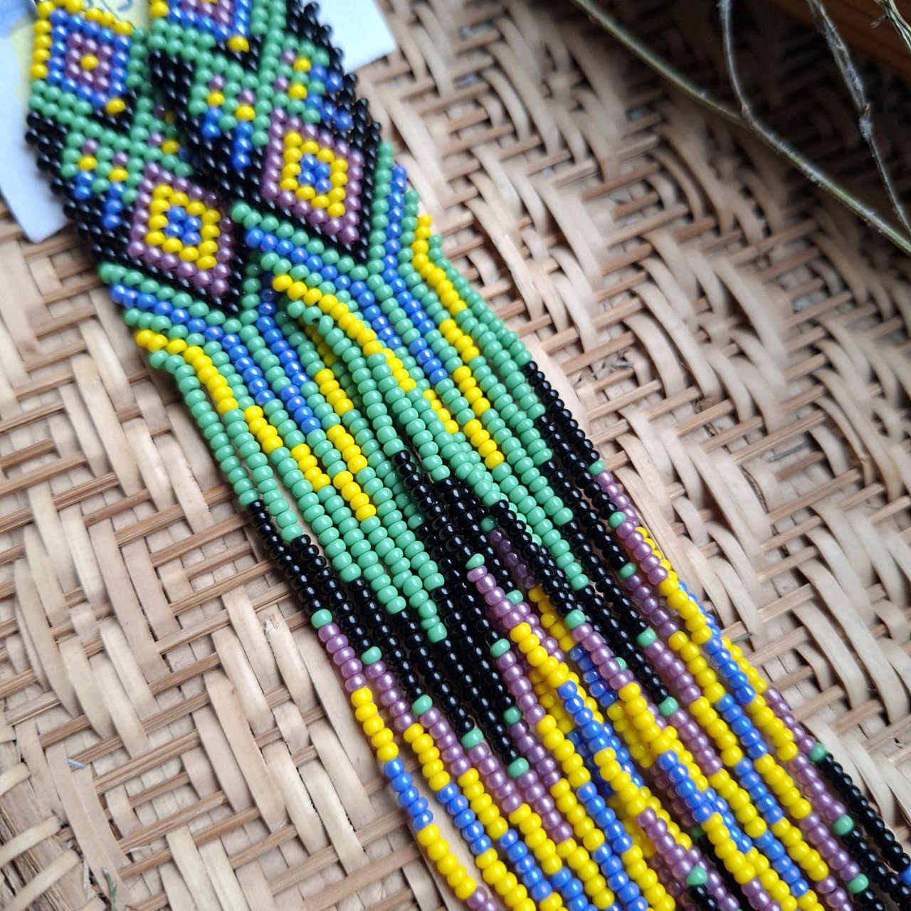 Long Beaded Fringe Earrings Green Purple Yellow