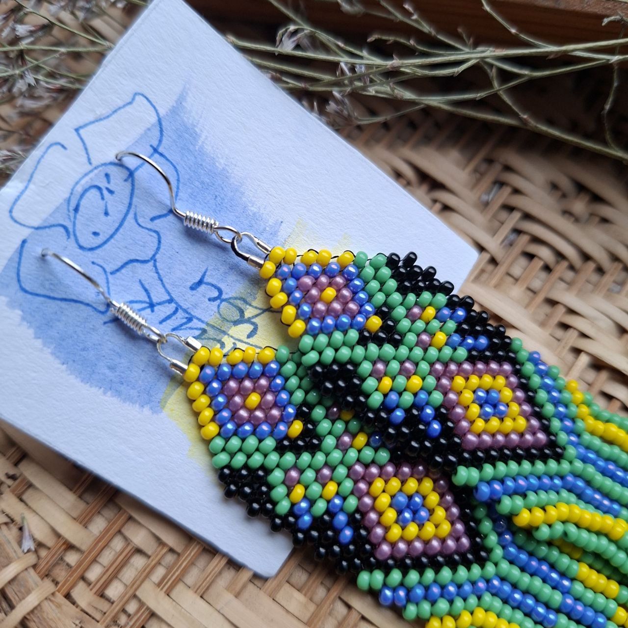 Long Beaded Fringe Earrings Green Purple Yellow