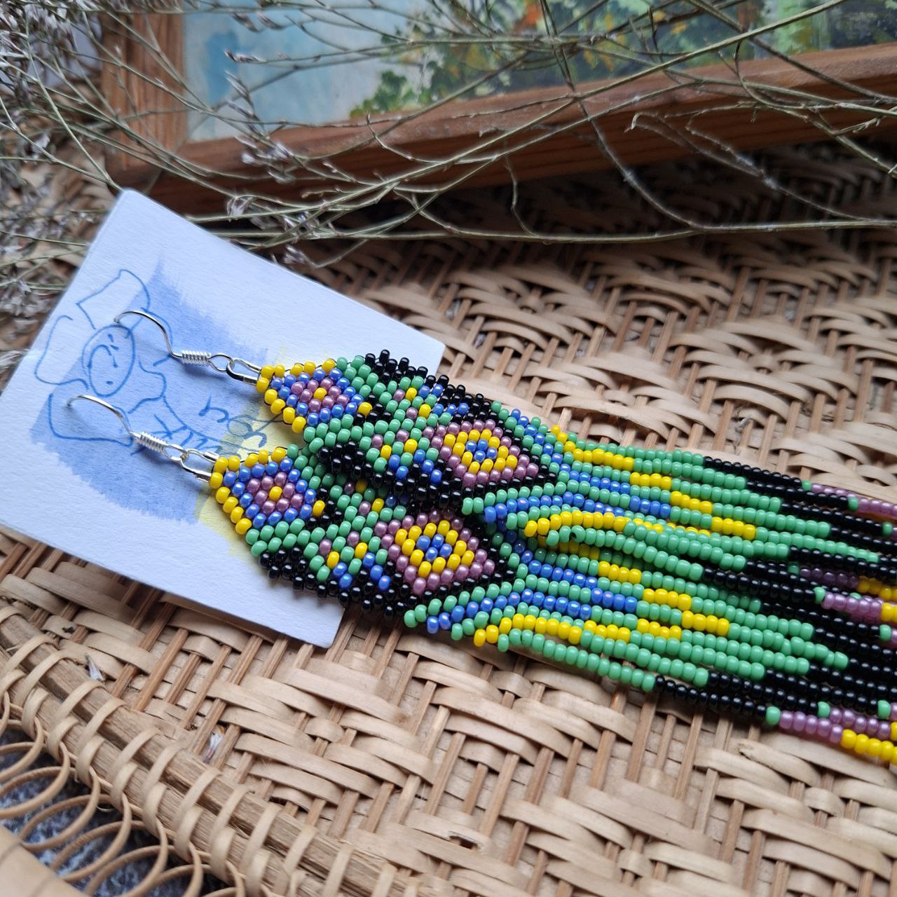 Long Beaded Fringe Earrings Green Purple Yellow
