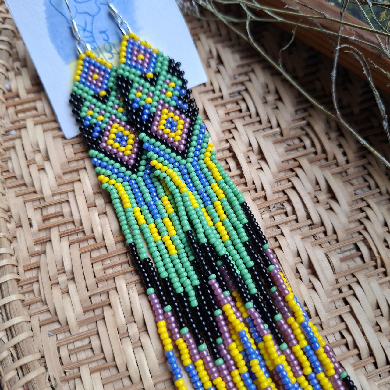 Long Beaded Fringe Earrings Green Purple Yellow