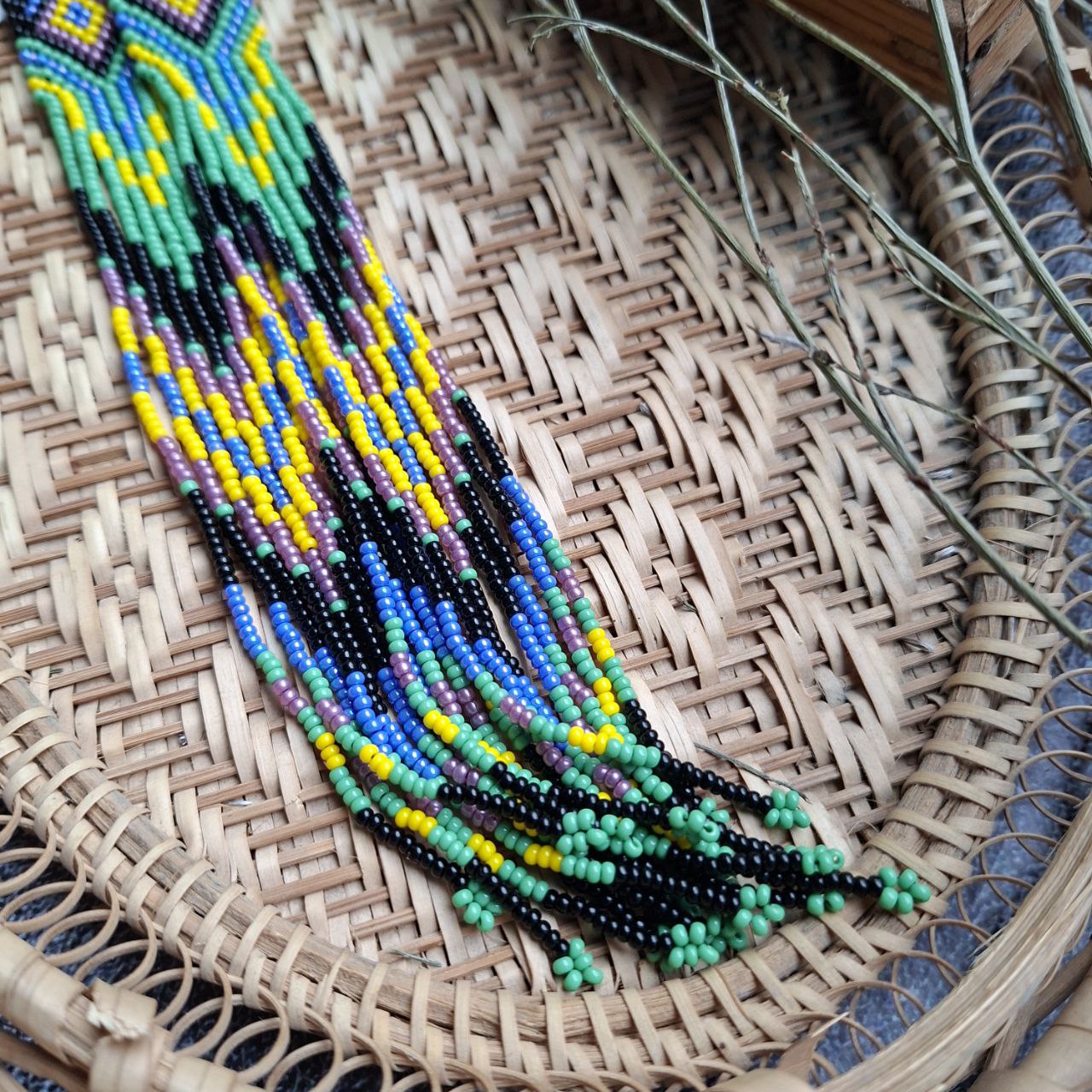Long Beaded Fringe Earrings Green Purple Yellow