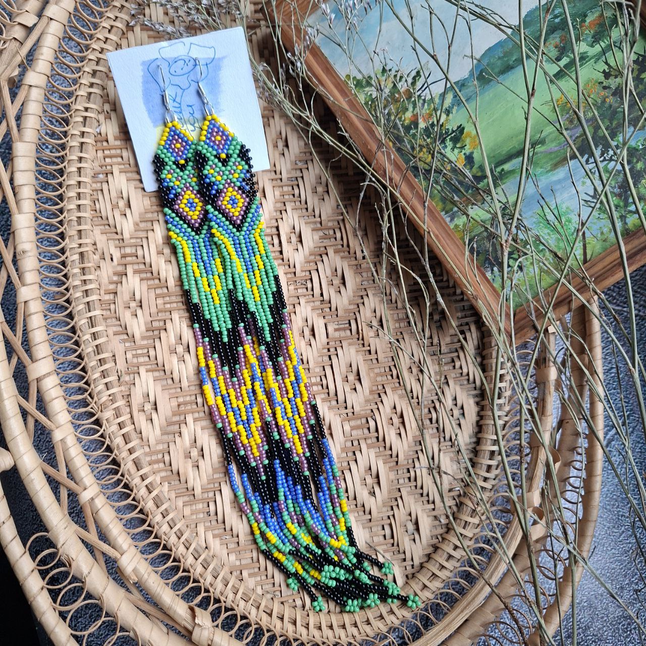 Long Beaded Fringe Earrings Green Purple Yellow