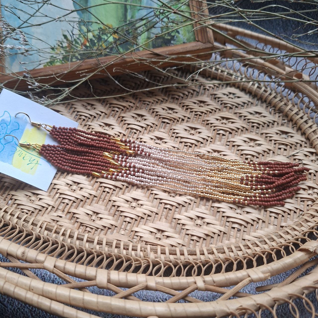Long Beaded Fringe Earrings, Earthy Brown Gold Boho Earrings