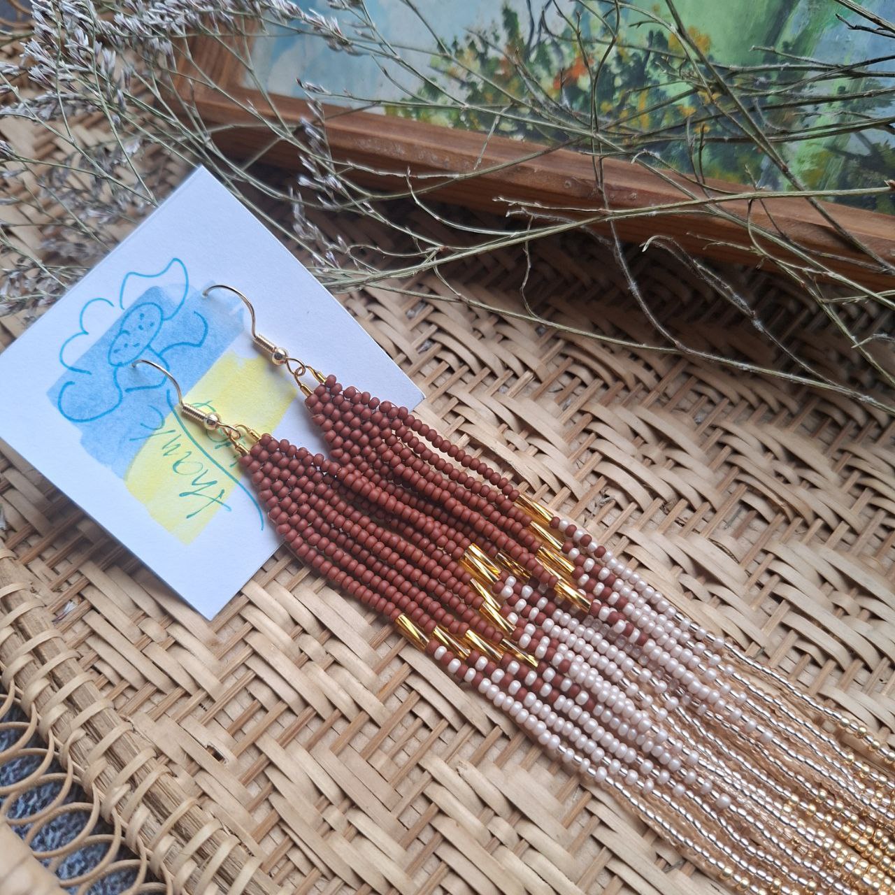 Long Beaded Fringe Earrings, Earthy Brown Gold Boho Earrings
