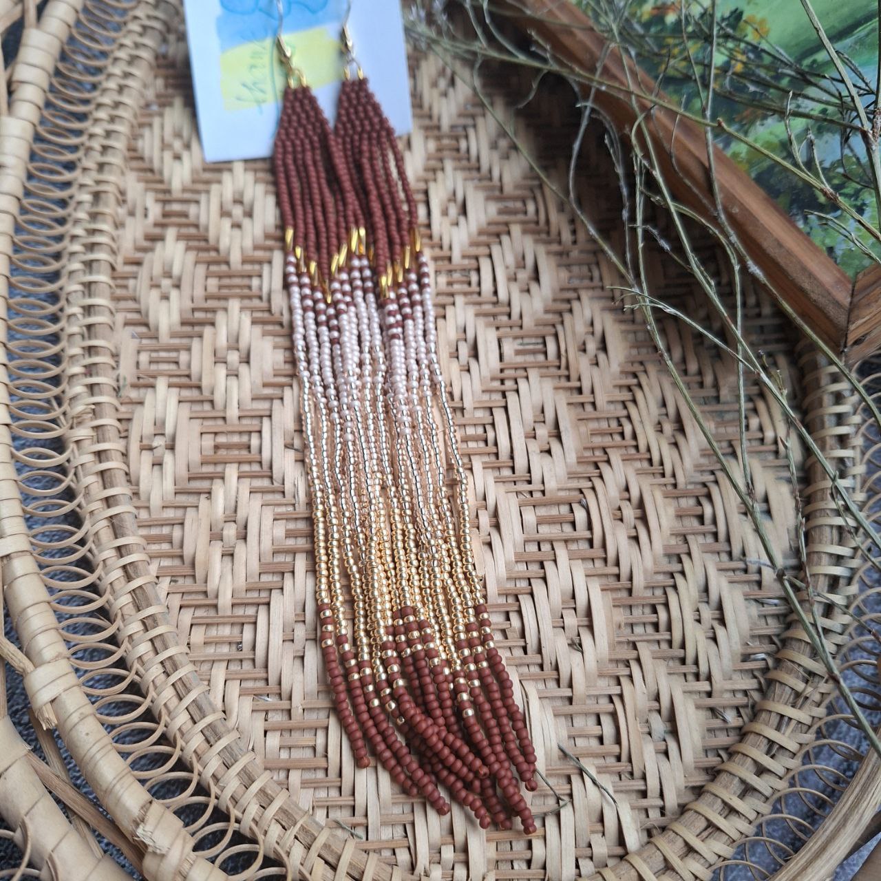 Long Beaded Fringe Earrings, Earthy Brown Gold Boho Earrings