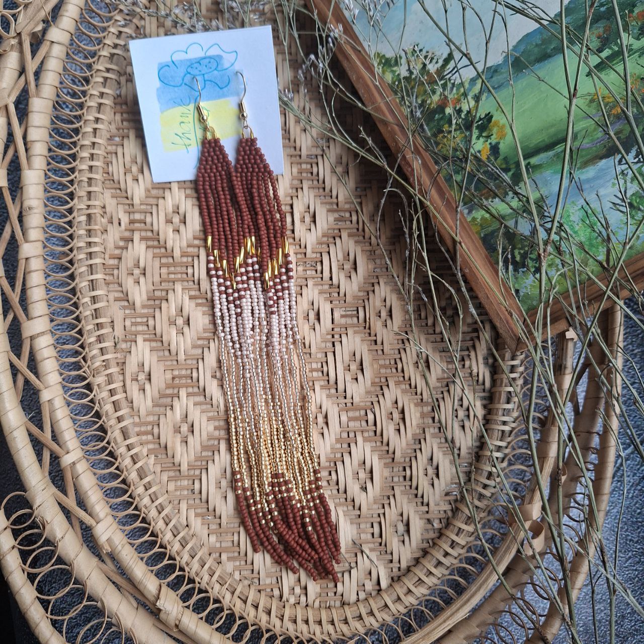 Long Beaded Fringe Earrings, Earthy Brown Gold Boho Earrings