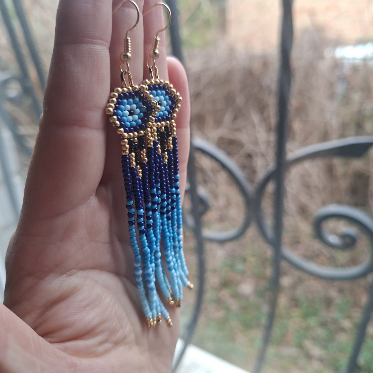 Blue Beaded Fringe Earrings Evil Eye