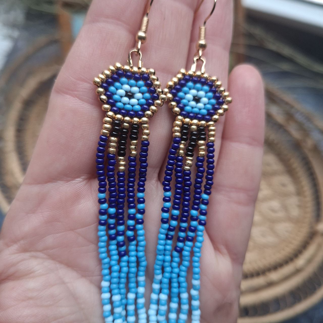 Blue Beaded Fringe Earrings Evil Eye