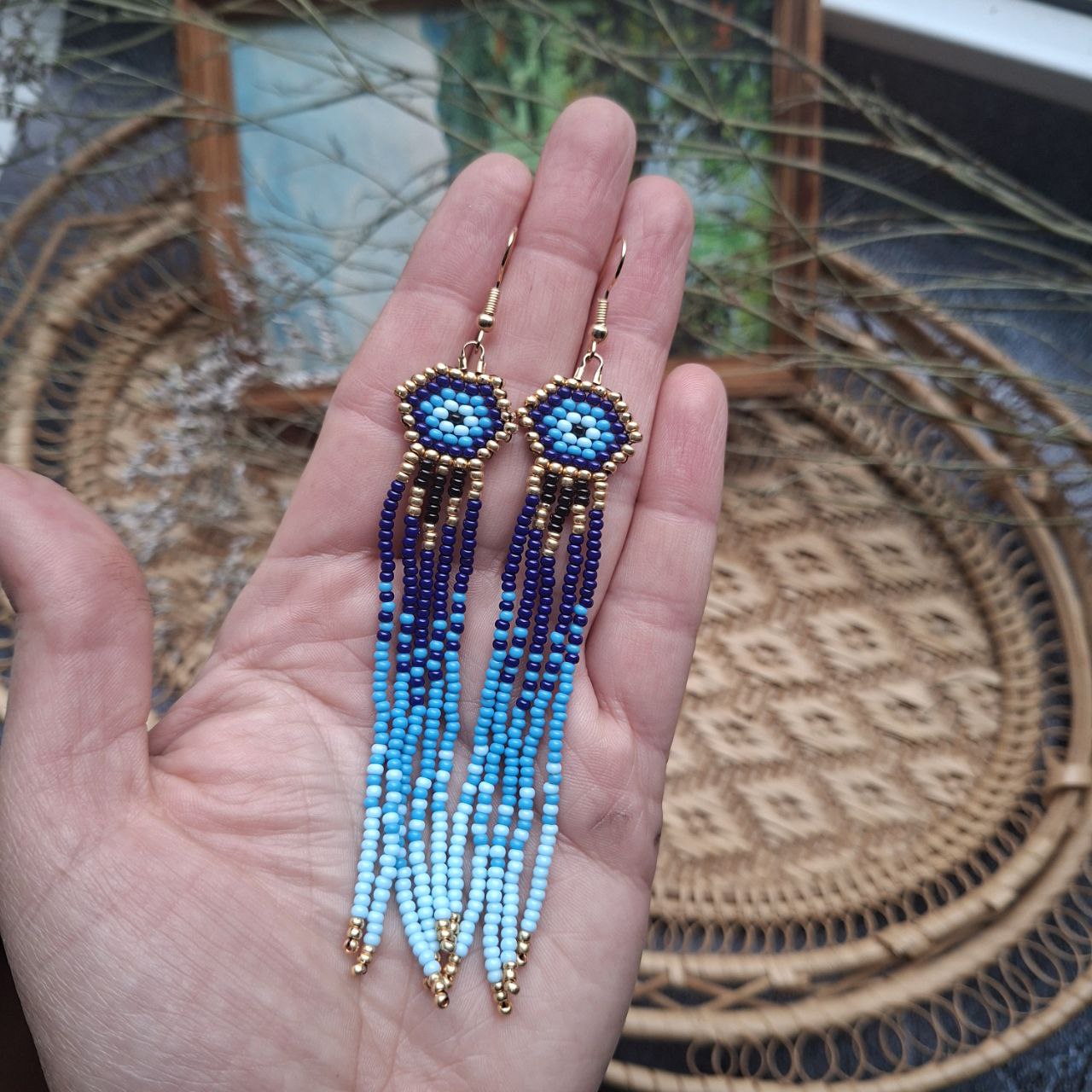 Blue Beaded Fringe Earrings Evil Eye