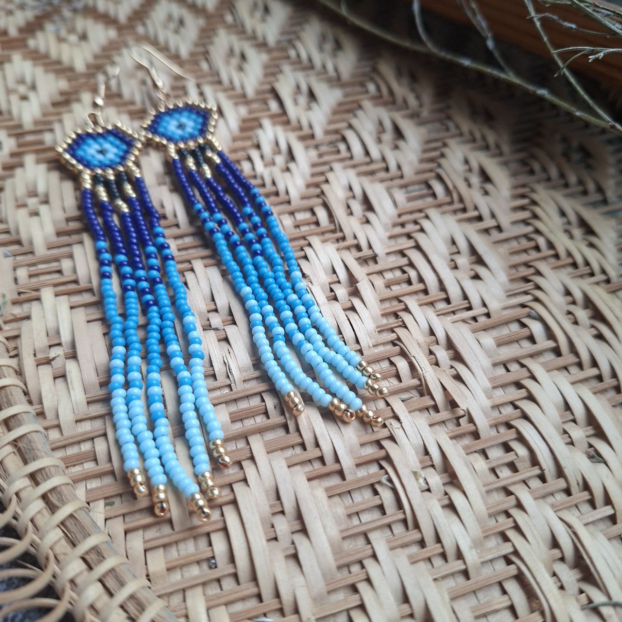 Blue Beaded Fringe Earrings Evil Eye