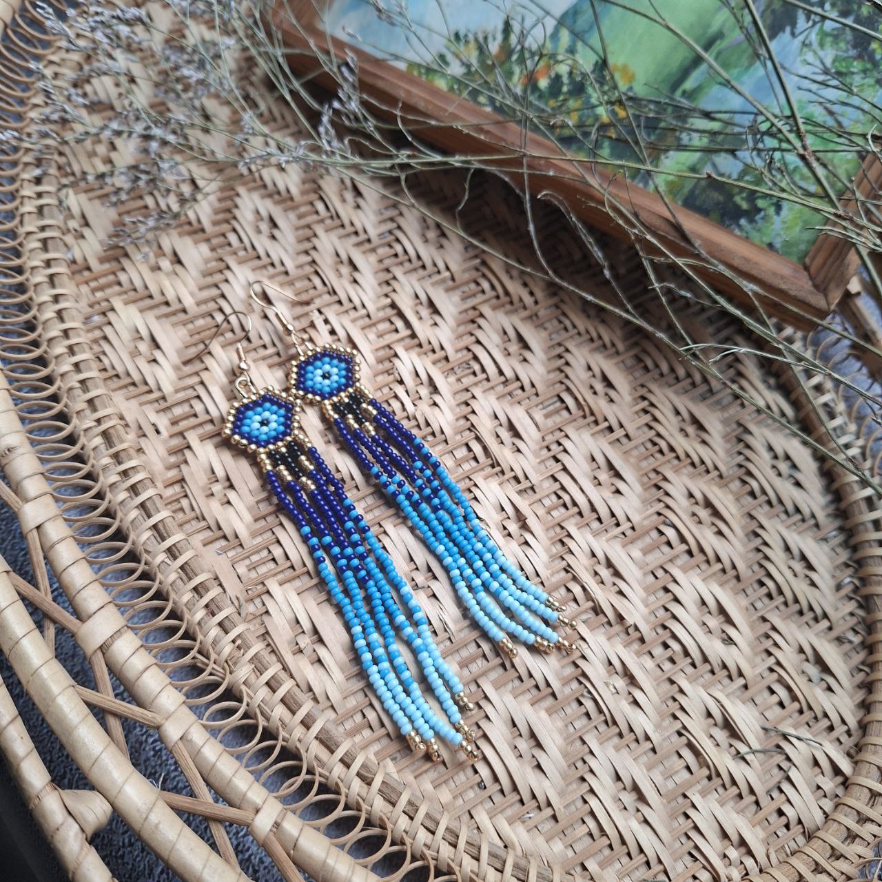 Blue Beaded Fringe Earrings Evil Eye