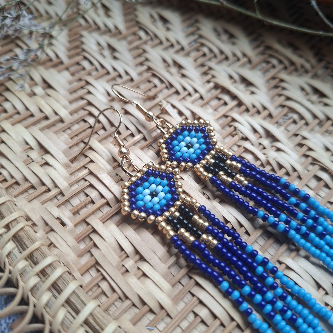 Blue Beaded Fringe Earrings Evil Eye