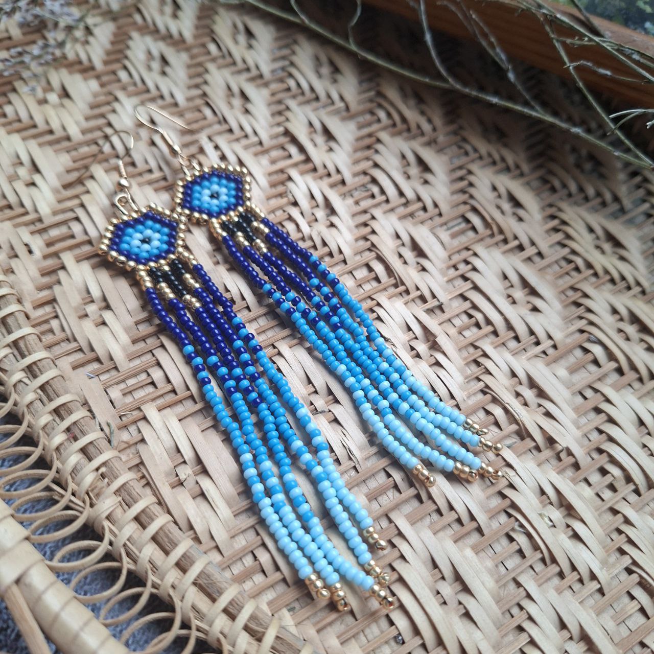 Blue Beaded Fringe Earrings Evil Eye
