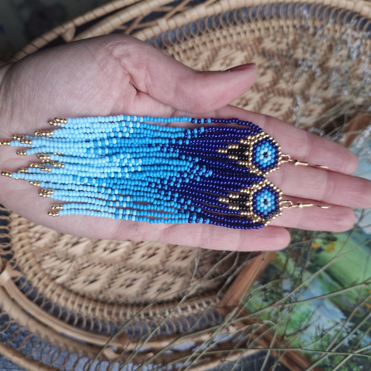 Blue Beaded Fringe Earrings Evil Eye