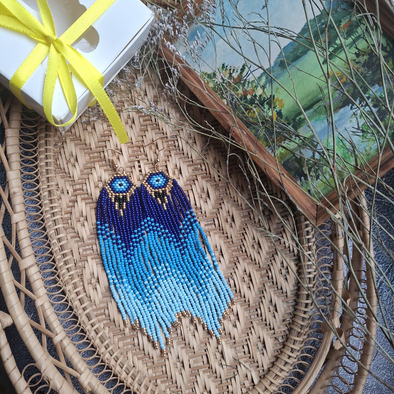 Blue Beaded Fringe Earrings Evil Eye