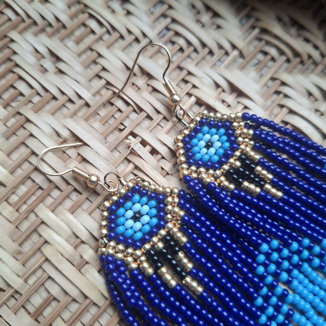 Blue Beaded Fringe Earrings Evil Eye