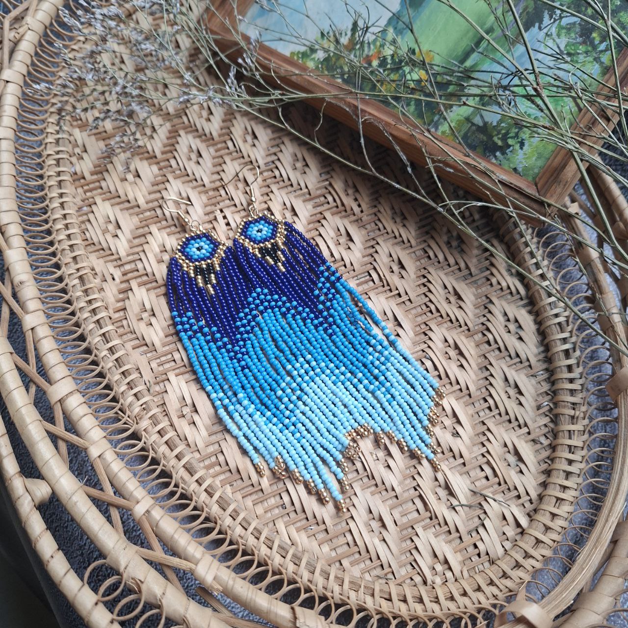 Blue Beaded Fringe Earrings Evil Eye