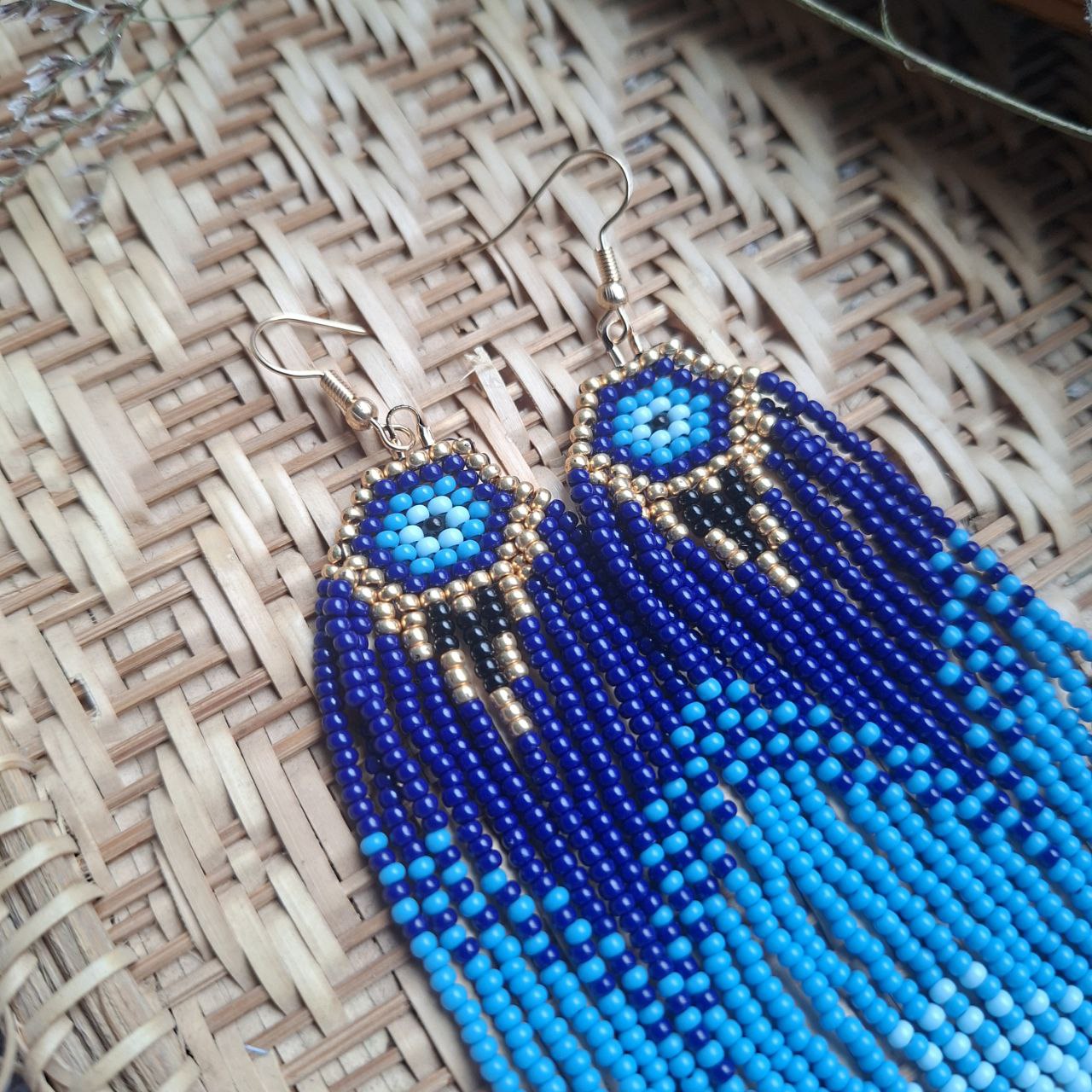 Blue Beaded Fringe Earrings Evil Eye