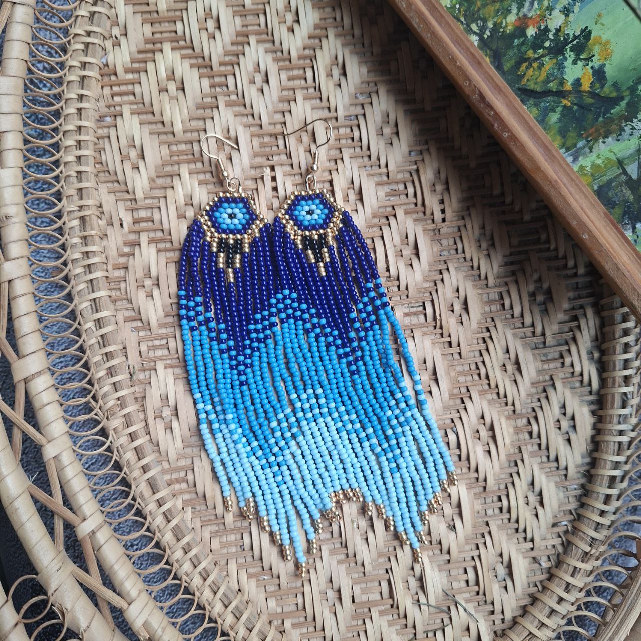 Blue Beaded Fringe Earrings Evil Eye