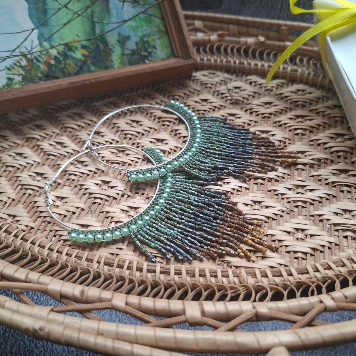 Handmade Beaded Hoop Fringe Earrings, Green & Bronze Seed Beads