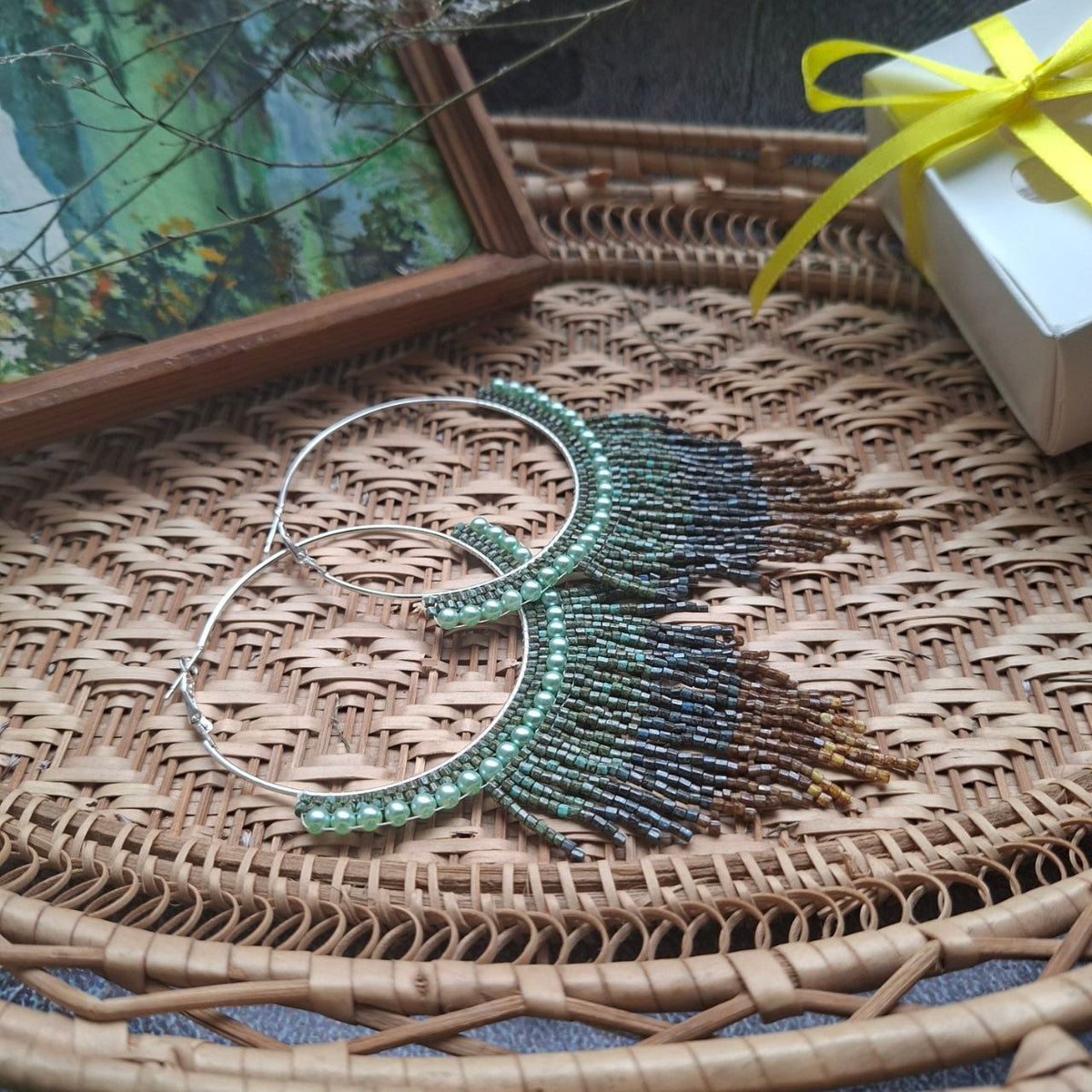 Handmade Beaded Hoop Fringe Earrings, Green & Bronze Seed Beads