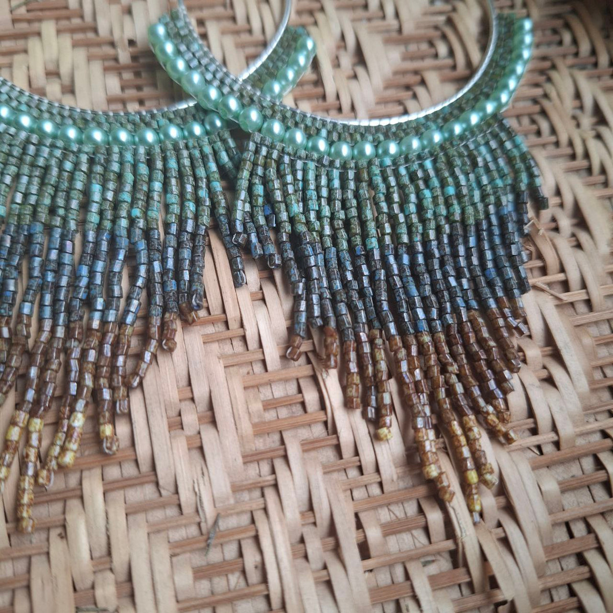 Handmade Beaded Hoop Fringe Earrings, Green & Bronze Seed Beads