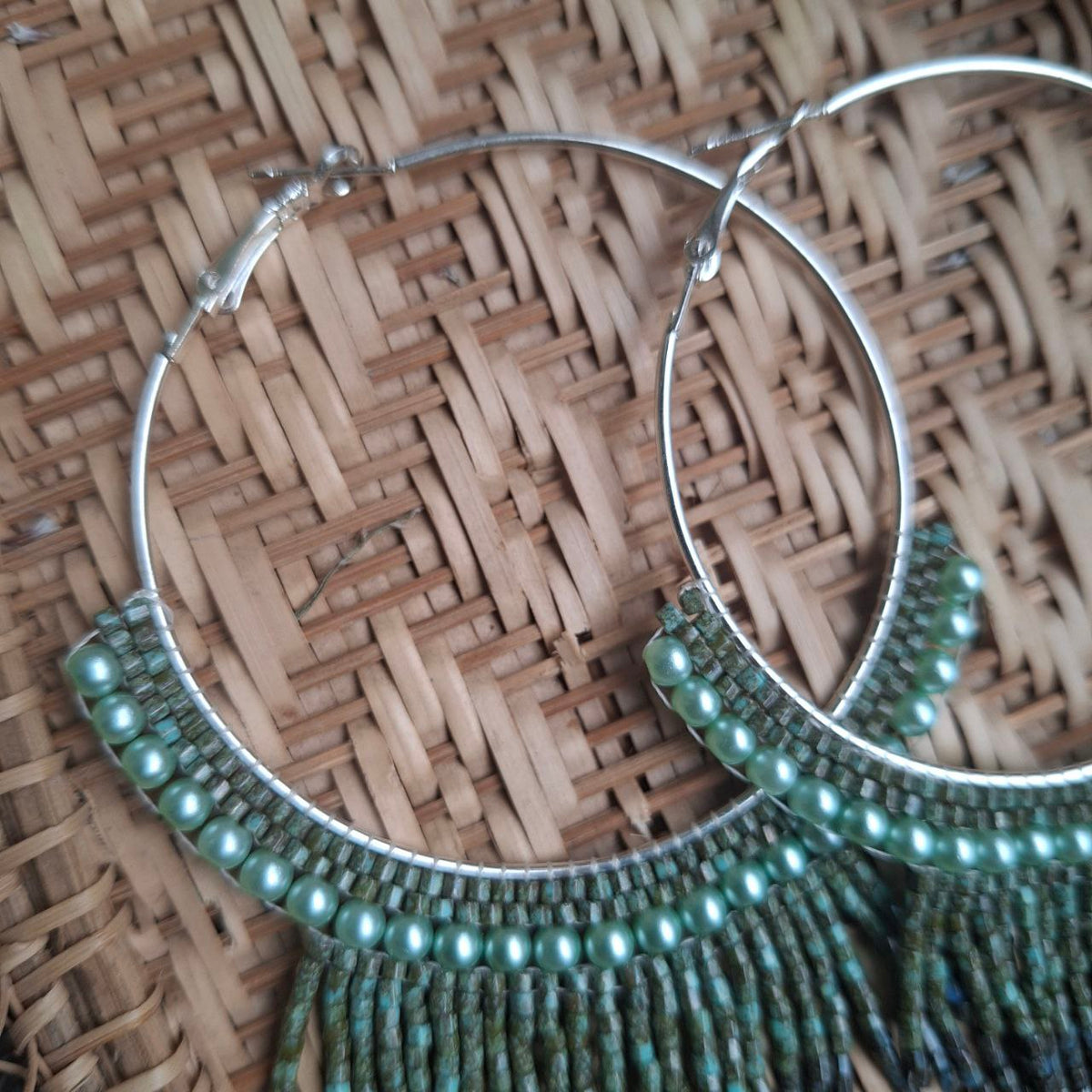 Handmade Beaded Hoop Fringe Earrings, Green & Bronze Seed Beads