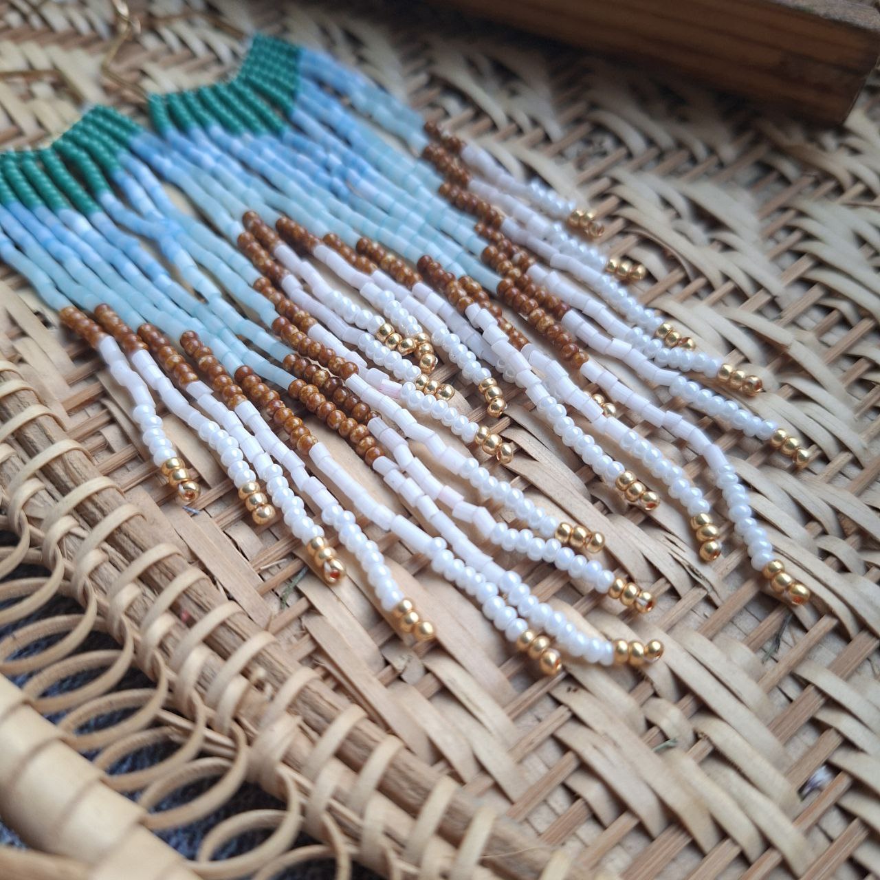 Blue & Green Seed Beads with Gold Hexagon | Handmade Statement Jewelry
