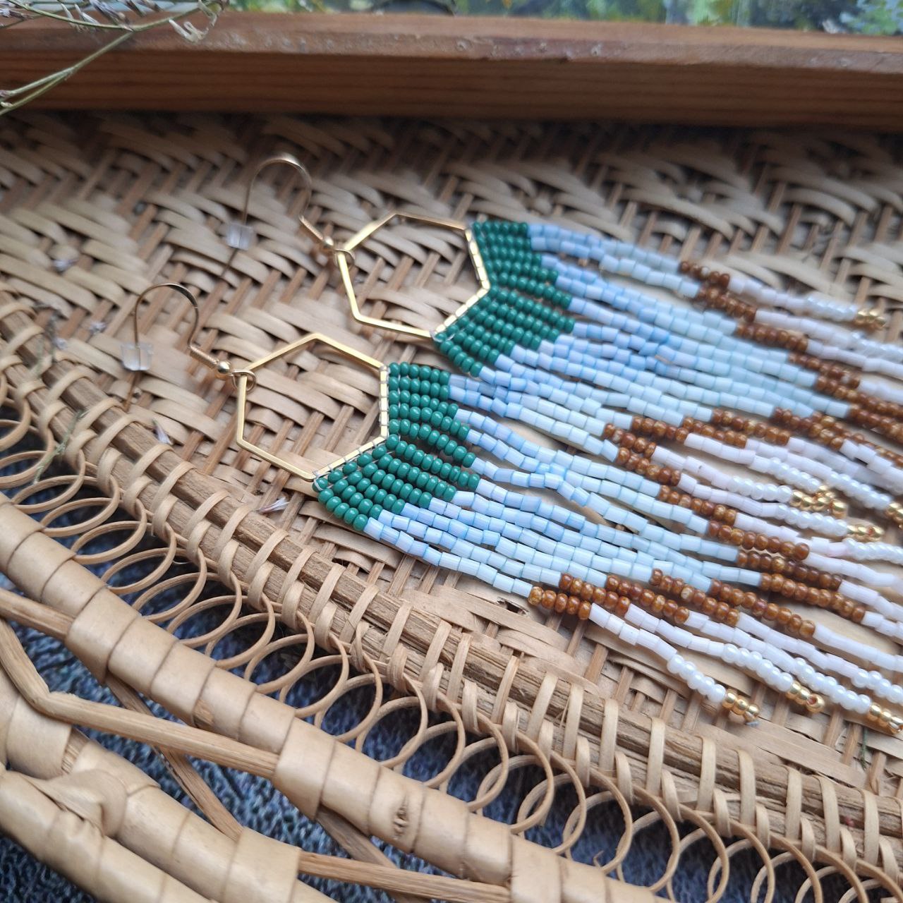 Blue & Green Seed Beads with Gold Hexagon | Handmade Statement Jewelry