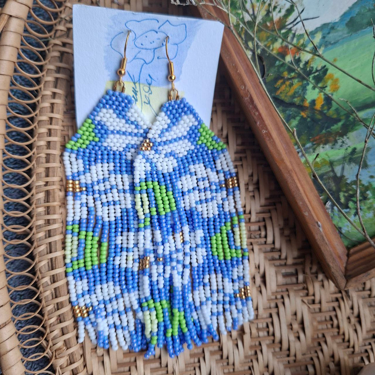 Handmade Beaded Fringe Earrings in Blue & Green