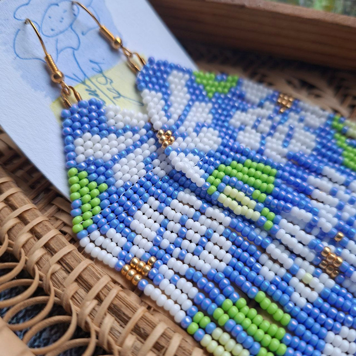 Handmade Beaded Fringe Earrings in Blue & Green