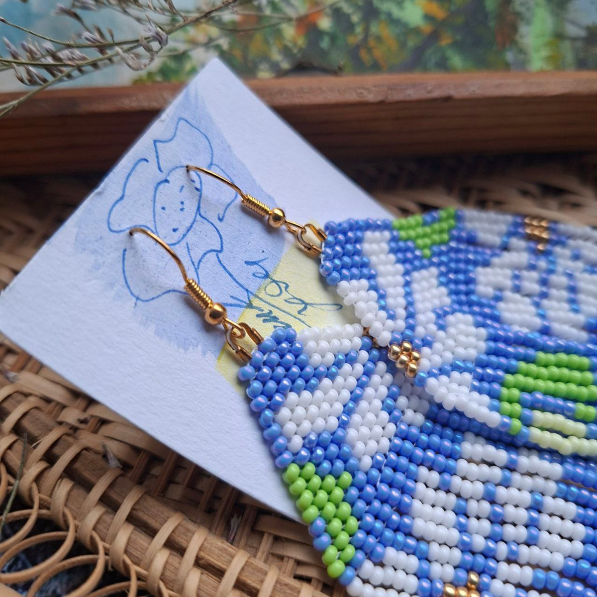 Handmade Beaded Fringe Earrings in Blue & Green