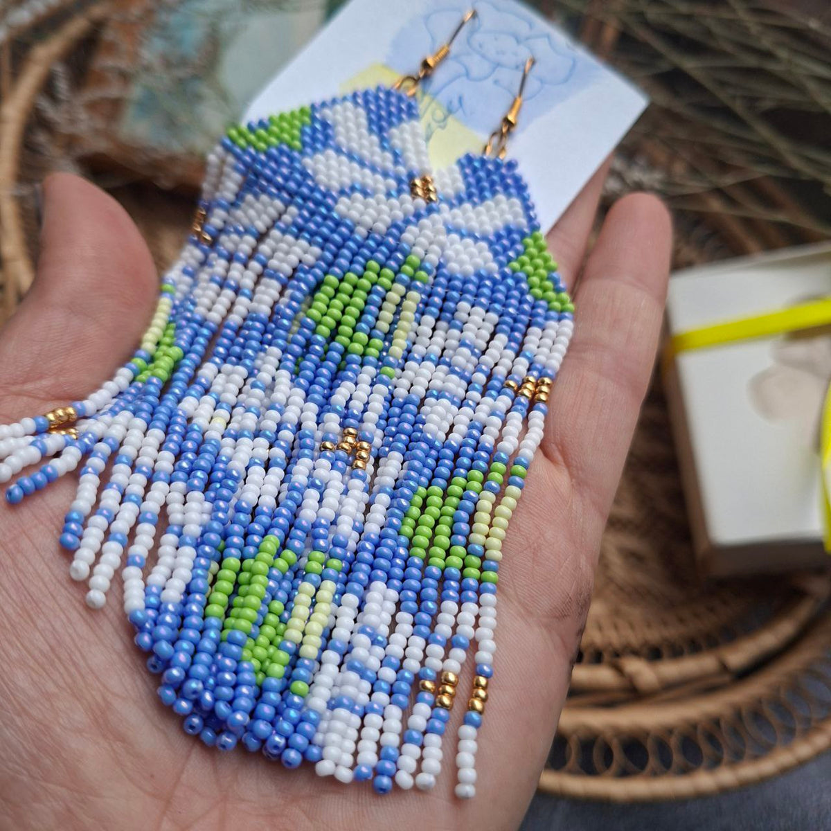 Handmade Beaded Fringe Earrings in Blue & Green