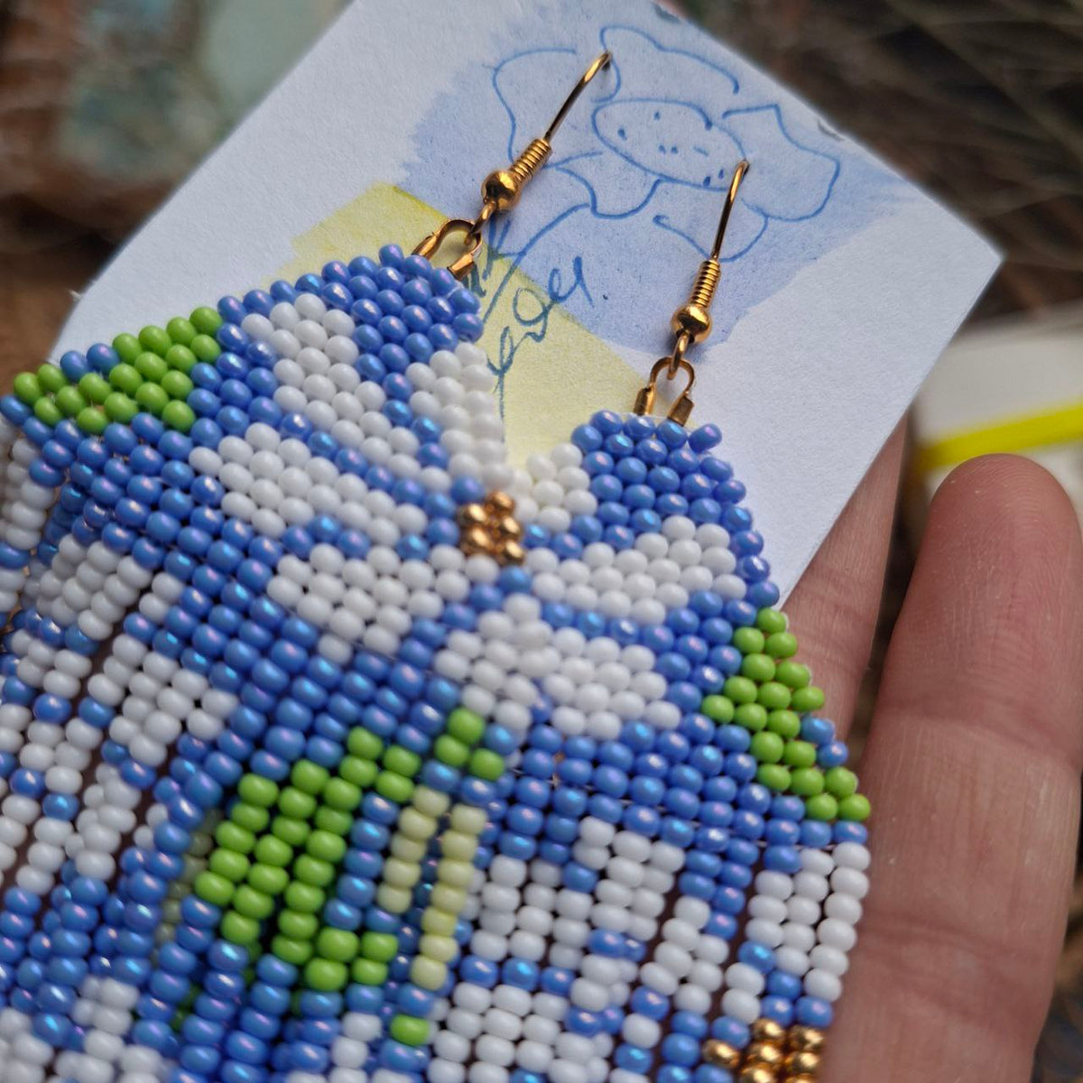 Handmade Beaded Fringe Earrings in Blue & Green