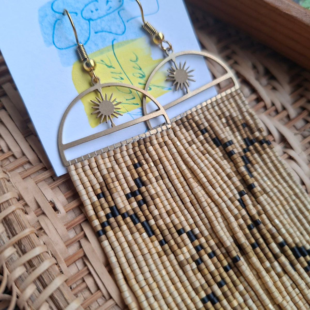 Miyuki Delica Beads, Long Seed Bead Earrings with Sun Charm