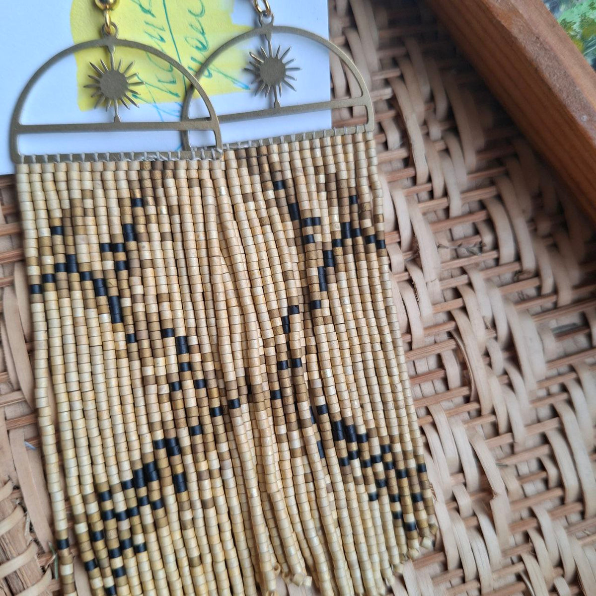 Miyuki Delica Beads, Long Seed Bead Earrings with Sun Charm