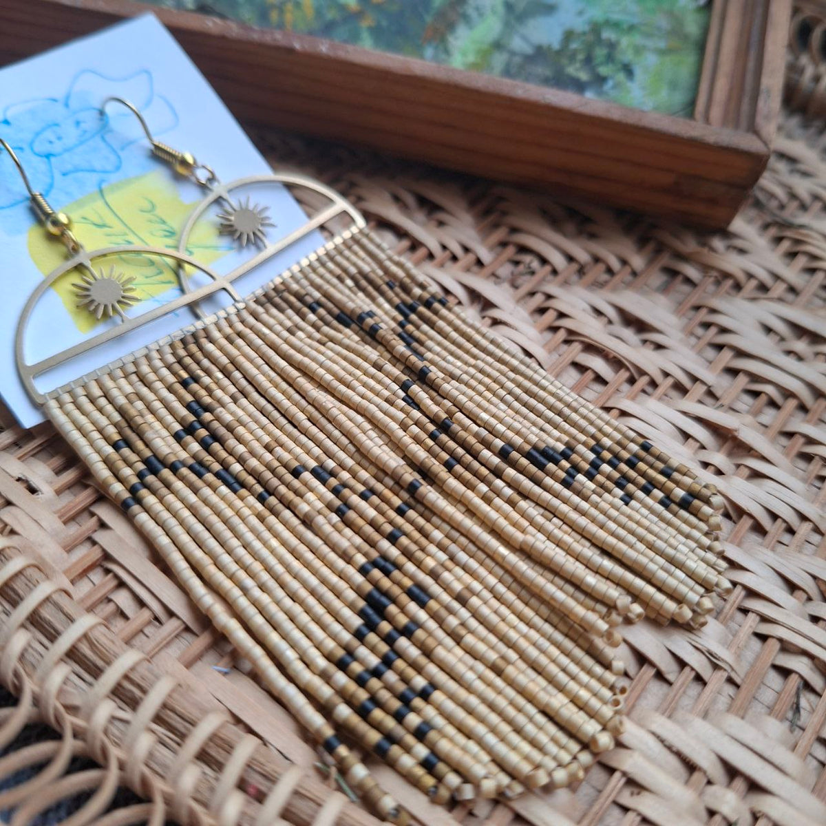 Miyuki Delica Beads, Long Seed Bead Earrings with Sun Charm