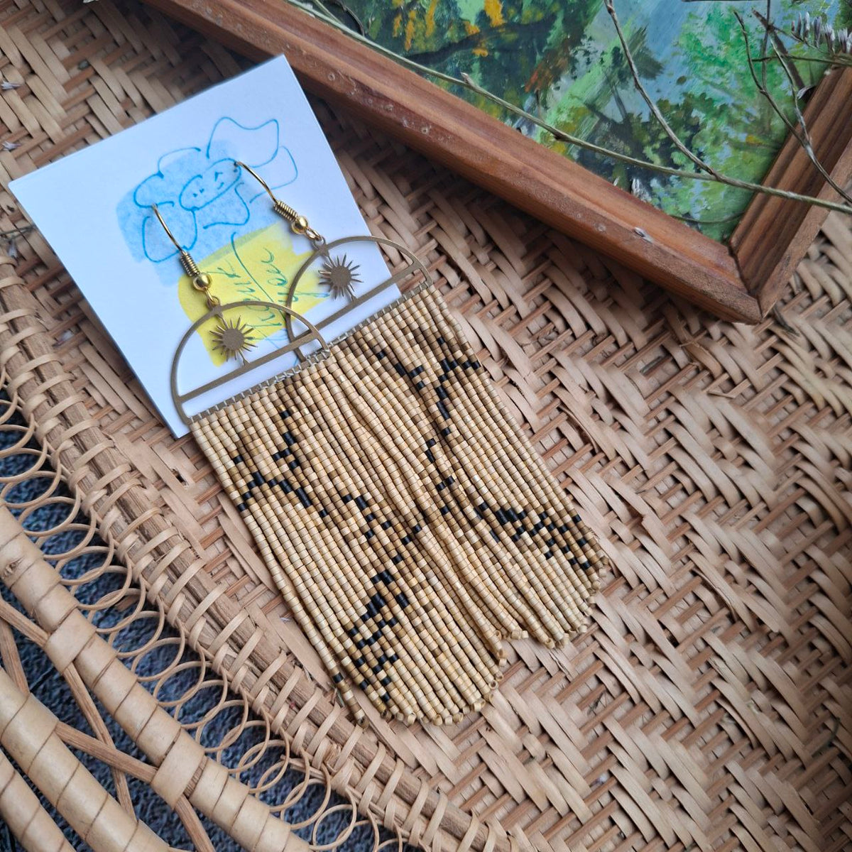 Miyuki Delica Beads, Long Seed Bead Earrings with Sun Charm