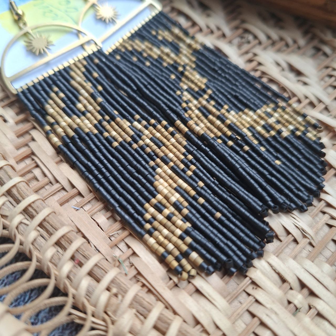 Black & Gold Boho Fringe Earrings with Sun Charm, Miyuki Delica Beads