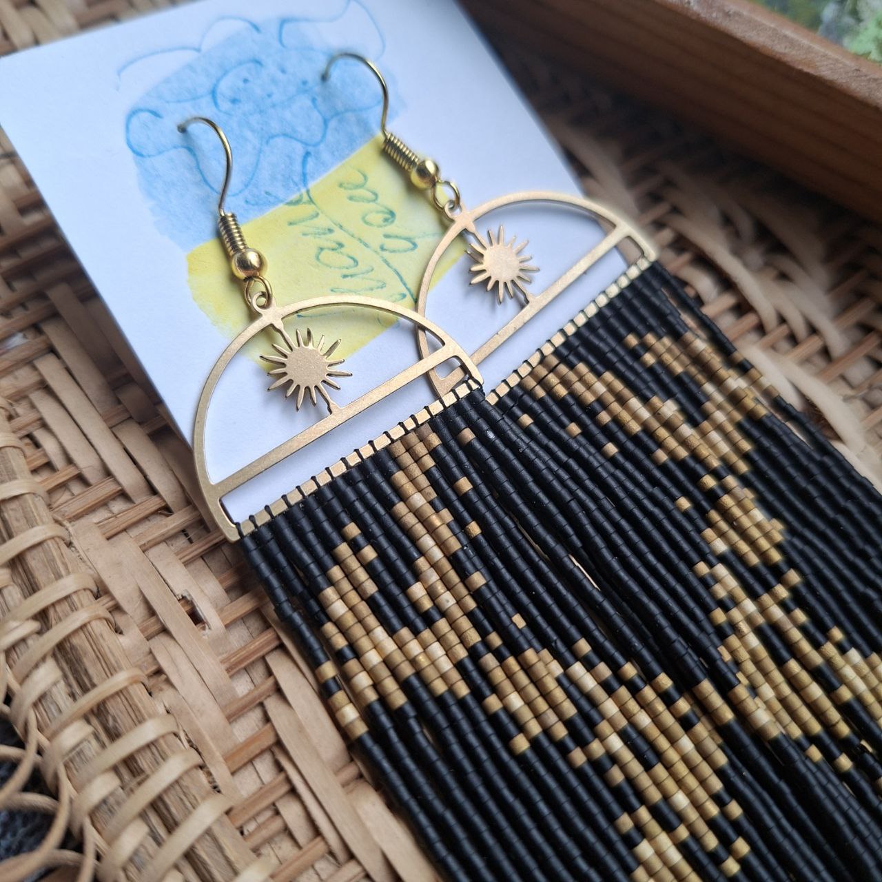 Black & Gold Boho Fringe Earrings with Sun Charm, Miyuki Delica Beads